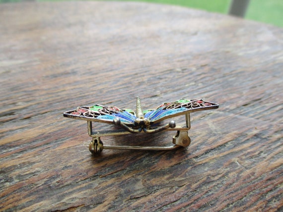 Vintage Butterfly Brooch Signed 800 Wire Work Ena… - image 3