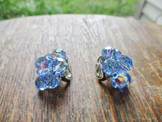 Vintage Blue AB Crystal Bead Earrings Clip On Ear… - image 3