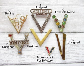 WWII V for Victory Pins Sweetheart Brooch Patriotic Jewelry Original Not Replica