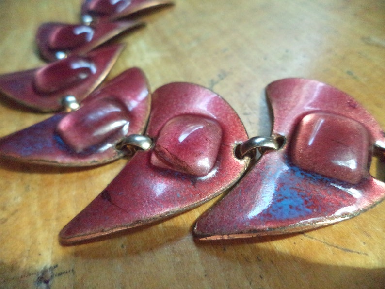 Signed Designer Kay Denning Glass Enamel Modernist Link Bracelet Red Purple Burgundy Color Blue Stunning Unusual Design