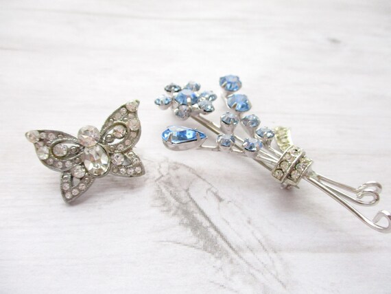 LOT Pair Vintage Brooches Rhinestone Butterfly Bl… - image 2