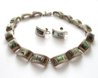 Vintage 925 MEXICO JHC Designer Sterling Abalone Shell Choker Necklace Earrings Set Modernist