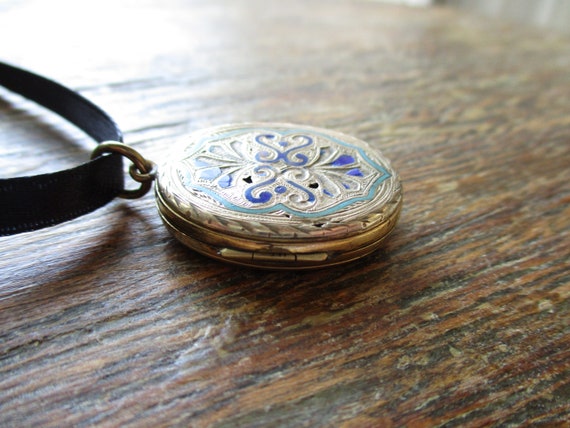 Antique Victorian Locket Pendant Gold Filled Blue… - image 3