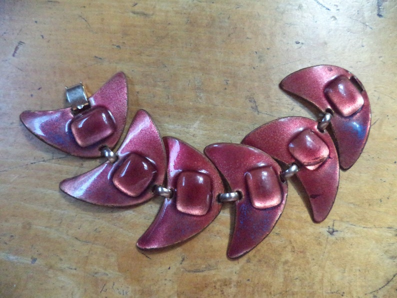 Signed Designer Kay Denning Glass Enamel Modernist Link Bracelet Red Purple Burgundy Color Blue Stunning Unusual Design