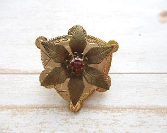 Victorian Gold-Filled Brooch, Red Rhinestone Flower, Antique Jewelry