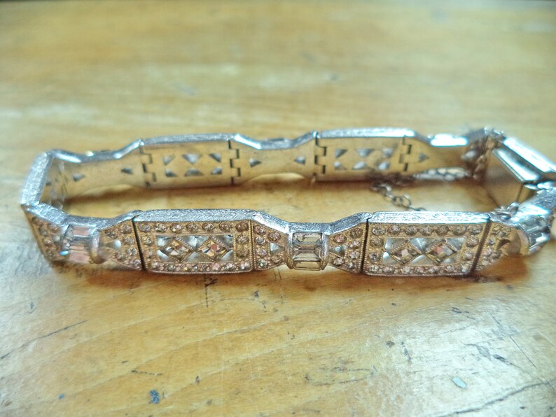 Vintage Art Deco Rhinestone Bracelet Rhodium Plate Silver Crystal Rhinestone Link Bracelet with Safety Chain