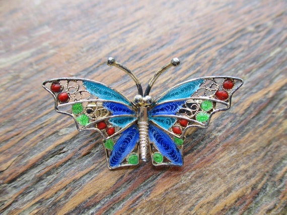 Vintage Butterfly Brooch Signed 800 Wire Work Ena… - image 7