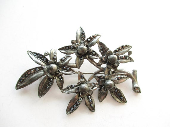 Vintage Pot Metal Glass Marcasite Flower Brooch S… - image 1