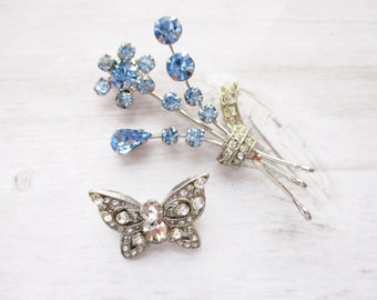 LOT Pair Vintage Brooches Rhinestone Butterfly Blue Flowers Silver Tone