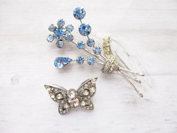 LOT Pair Vintage Brooches Rhinestone Butterfly Bl… - image 1