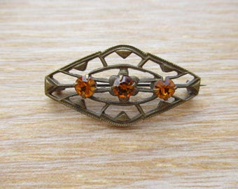 Antique Victorian Art Nouveau Brooch | Ornate Brass Filigree Pin Oval Amber Glass