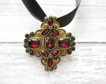 Vintage Sterling Red Glass Gold Washed Pendant Brooch ISRAEL