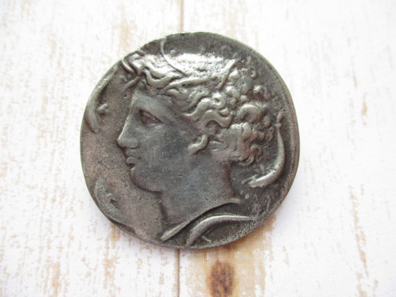 Vintage Faux Ancient Coin Brooch Antique Silver T… - image 1