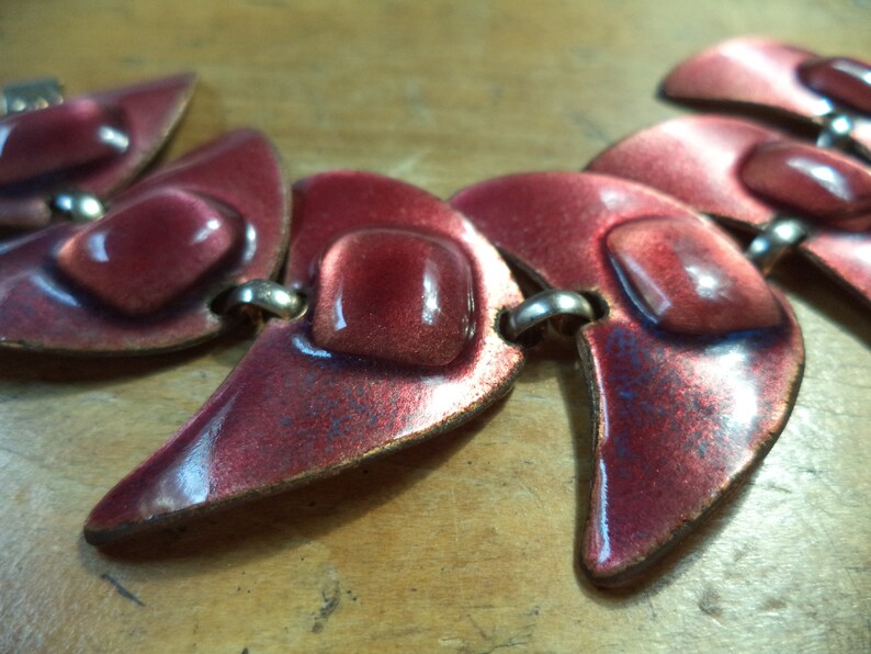 Signed Designer Kay Denning Glass Enamel Modernist Link Bracelet Red Purple Burgundy Color Blue Stunning Unusual Design
