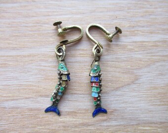 Vintage Chinese Articulated Cloisonné Wiggle Koi Fish Dangle Screw Back Earrings