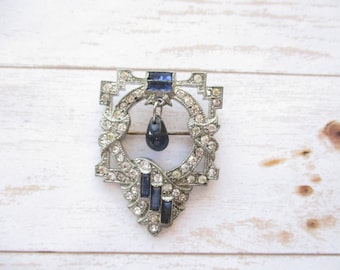 Antique Art Deco Crystal Rhinestone Brooch Dark Blue Rhinestone Silver Tone Pot Metal Vintage Jewelry