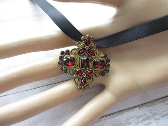 Vintage Sterling Red Glass Gold Washed Pendant Br… - image 2