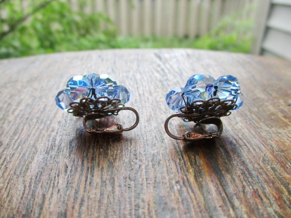 Vintage Blue AB Crystal Bead Earrings Clip On Ear… - image 4