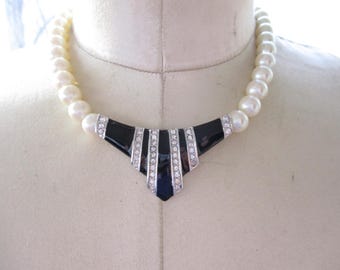 Vintage GIVENCHY Paris New York Faux Pearl & Black Enamel Art Deco Choker Necklace