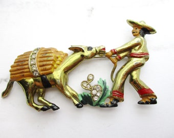 Vintage Mexican Donkey Burro Brooch Pot Metal Enamel Rhinestones