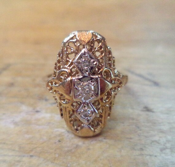 Antique Diamond Ring 10K Diamond Filigree Ring Ant