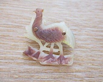 Antique Hand Carved Mother of Pearl Bird Brooch Ostrich Pin C-Clasp