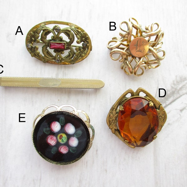 Antique & Vintage Small Brooch Pins Gold Filled Paste Rhinestones Fused Glass Forget Me Not Flowers Brass