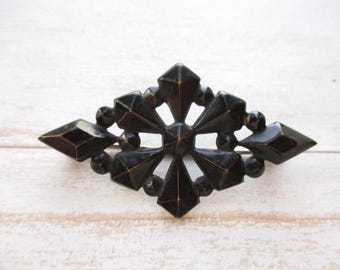 Antique Victorian Mourning Brooch Black Enamel Ornate Starburst C Catch