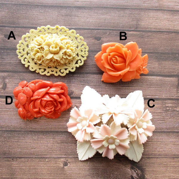 Vintage Early Molded Plastic Flower Brooches Faux Carved Coral Celluloid