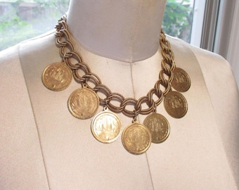Vintage Gold Balboa Coin Charm Bracelet, Chunky Double Link Toggle Statement Jewelry