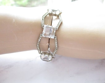 Vintage Signed Czechoslovakia Crystal Rhinestone Link Bracelet Silver Tone