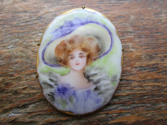 Antique Hand Painted Cameo Brooch Edwardian Lady - image 5