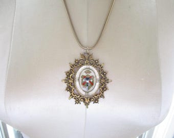 Antique Victorian Heraldic Crest Pendant Necklace Reverse Painted Glass Essex Crystal Brooch