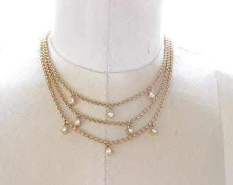 Triple Layer CZ Dangle Necklace • 14K Gold Plated Crystal Choker