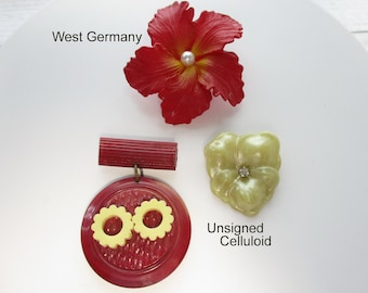 Vintage West Germany & Unsigned Celluloid Plastic Brooch LOT Hibiscus Flowers