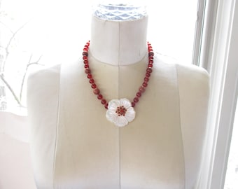 Carved MOP Carnelian Agate and Goldstone Bead Necklace, Hawaiian Gift for Her