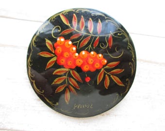 Vintage Russian Khokhloma Hand-Painted Lacquer Brooch