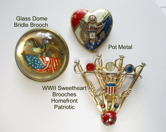 WWII USA Patriotic Brooch V for Victory Eagle Glass Dome Bridle Victory Pin