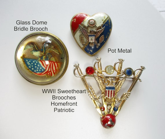 WWII USA Patriotic Brooch V for Victory Eagle Gla… - image 1