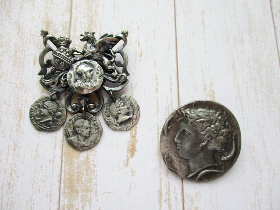 Vintage Faux Ancient Coin Brooch Antique Silver T… - image 10