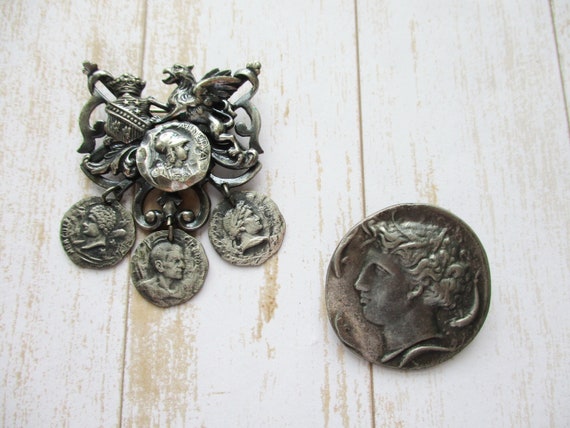 Vintage Faux Ancient Coin Brooch Antique Silver Tone - Etsy 日本 