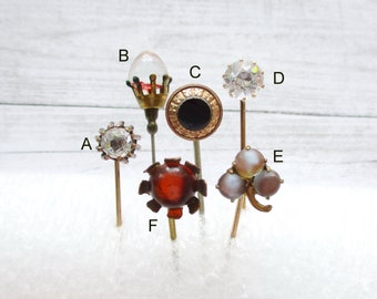 Antique Stick Pins Sapherite Glass Crystal Gold Filled Brass