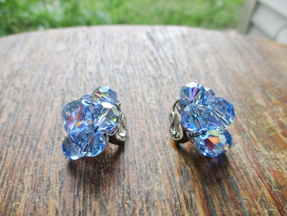 Vintage Blue AB Crystal Bead Earrings Clip On Ear… - image 10
