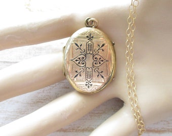 Antique Victorian Gold Filled Black Enamel Locket Pendant 14K GF Chain Necklace