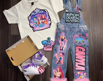 Conjunto de ropa infantil personalizado: camiseta y mono, zapatos personalizados, estampado de salpicaduras de dibujos animados, ideal para cumpleaños.