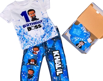 Conjunto de camiseta y pantalón personalizados para bebé con estampado de salpicaduras de dibujos animados, ideal para cumpleaños.