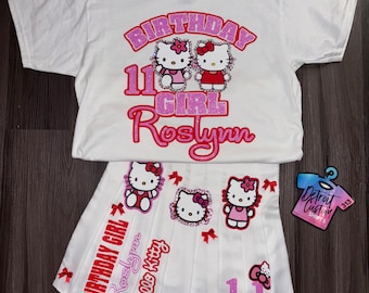 Vestito di compleanno personalizzato per gattina, set di maglietta e gonna per gattina personalizzato per ragazze con strass e nastri