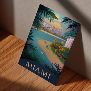Affiche de voyage de Miami en téléchargement numérique | Art mural imprimable plage tropicale | Décoration rétro de ville côtière