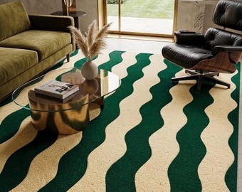 Modern Green Wave Rug, Luxury Outdoor Indoor Carpet, Cream Abstract Rug, Handmade Wool Rug, Balcony Patio Living Room Decor