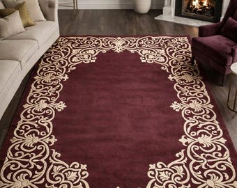 Dywan wełniany z bordową, kwiatową obwódką, tkany ręcznie, klasyczny dywan do salonu w stylu vintage